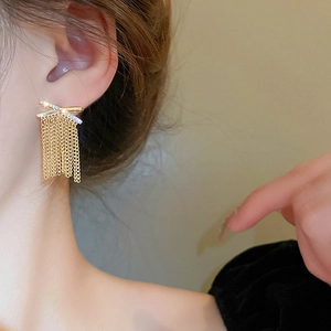 Elegant gold zircon chain tassel earrings with minimalist metal design for women