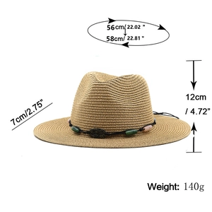 Women's summer straw fedora hat with decorative beads and precise size measurements