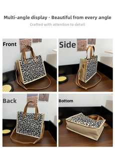 Multi-angle view of leopard print tote bag with brown leather handles and shoulder strap