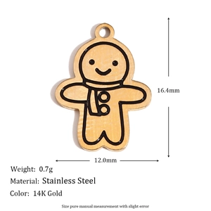 14K gold plated stainless steel gingerbread man pendant charm with dimensions 16.4x12mm