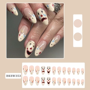 Almond press-on nails with clown face and star designs on beige base model BKSW353