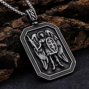 Vintage punk silver stainless steel archangel shield pendant with chain on natural bark