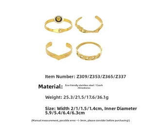 Detailed set of four gold stainless steel lion head and hammered texture bracelets