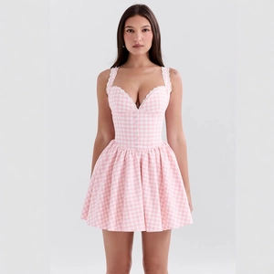 Pink and white gingham mini dress with corset waist and white lace trim detail