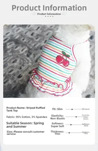 Detailed view of rainbow striped pet dress featuring cherry embroidery and fabric info