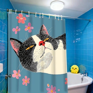 Detail view of a 3D digital printed shower curtain with cat and floral patterns