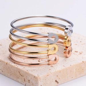 Three-color geometric safety pin open cuff bracelets in stainless steel finish
