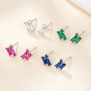 Set of four pairs of S925 silver stud earrings with colorful baguette cut zircons
