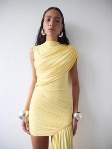 Slim fit bright yellow sleeveless ruched dress with asymmetric hem and high neck
