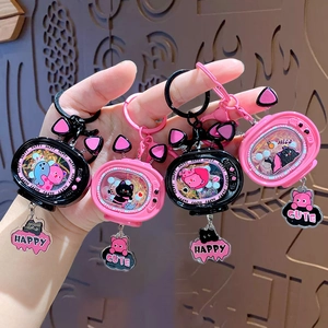 Cute cartoon cat TV keychain pendant with liquid quicksand in pink and black colors
