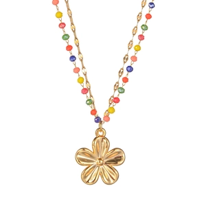 Double-layer stainless steel necklace featuring colorful beads and a golden flower pendant
