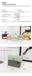 Size comparison of small crossbody chain bag with iPhone showing its 17.5cm dimensions