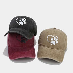 Baseball cap with heart paw print in black, maroon and khaki vintage washed cotton