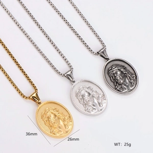 Oval Jesus portrait pendant necklaces in gold and silver finish with thorn edge details