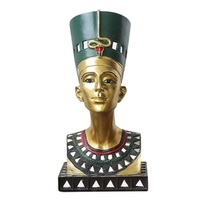 Golden Ancient Egyptian Queen Nefertiti bust figurine with green crown and colorful collar