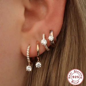 Classic S925 sterling silver four-prong diamond hoop earrings for women in gold finish