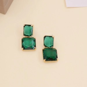 Elegant gold plated double square emerald green crystal drop earrings for women