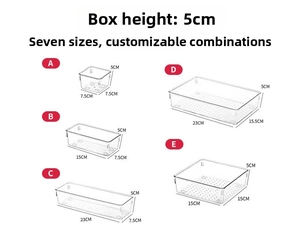 Size chart for clear drawer organizers showing five dimensions with a height of 5cm