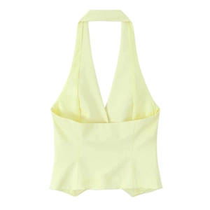 Women's light yellow halter neck vest top and wide leg pants two-piece outfit set