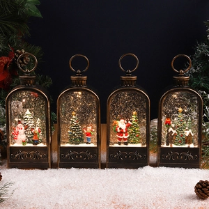 Vintage bronze Christmas lanterns with LED snow globe effects featuring Santa and snowman