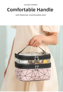 Detail of pink double-layer waterproof makeup bag with transparent PVC top and handle