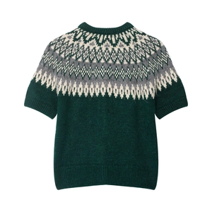 Short sleeve dark green knit sweater featuring vintage Fair Isle jacquard patterns