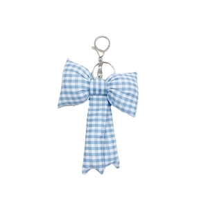 Blue and white checkered fabric bow keychain pendant with silver metal ring and hook