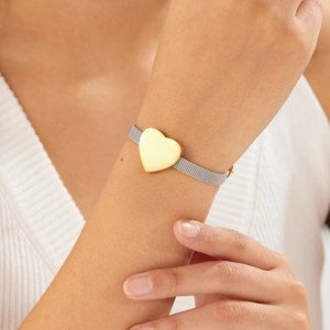 Minimalist gold heart charm on silver stainless steel mesh chain bracelet for women