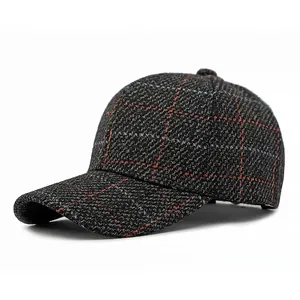 Dark grey plaid tweed baseball cap for outdoor sun protection with red and blue checks