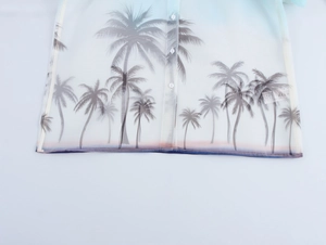 Dettaglio della camicia in organza traslucida con stampa di palme e bottoni sul davanti