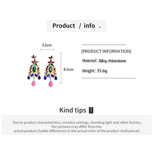 Detailed view of colorful rhinestone chandelier earrings with size and weight specs