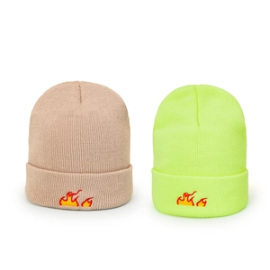 Fashionable knitted beanies in khaki and neon yellow with flame embroidery for men and women