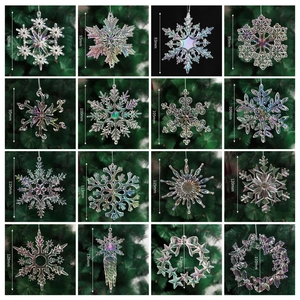 Macro display of diverse iridescent acrylic snowflake ornaments with detailed dimensions