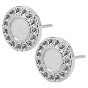 Detailed macro shot of silver 304 stainless steel stud earrings with textured dotted edge