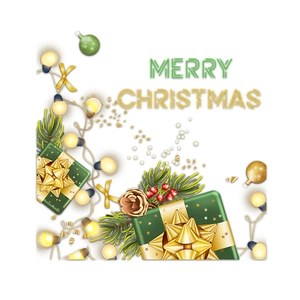 Merry Christmas window decal with green gift box, pine needles, and glowing lights