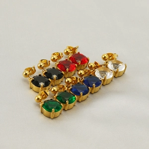 Round Zircon Stud Earrings Stainless Steel 18K Gold Plated Colorful Gemstone Jewelry Fashionable Women