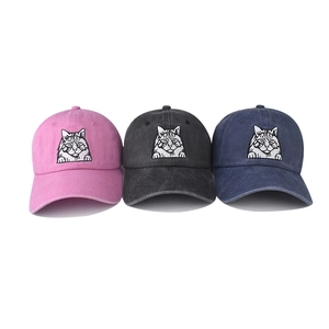 Vintage washed cotton baseball caps with cat embroidery in pink, grey and navy blue