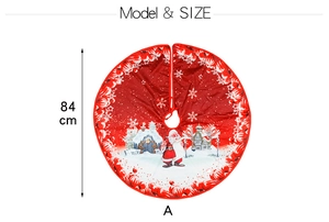 Detail of 84cm red Christmas tree skirt with Santa Claus and winter cabin prints