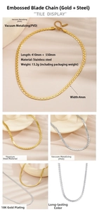 Macro detail of 18K gold PVD plated stainless steel blade chain with measurements