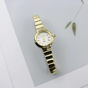 Detail of gold quartz watch with Roman numeral dial and diamond-set bezel accents
