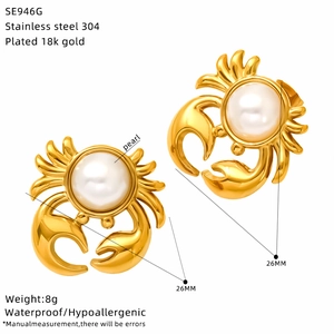 18k gold plated crab earrings with pearl inlay, stainless steel hypoallergenic jewelry