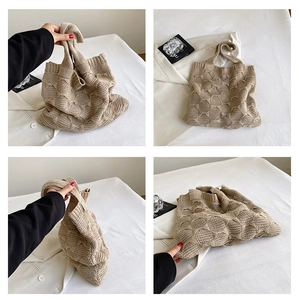 Detail showing beige knit tote bag with 3D diamond texture and soft woven handles