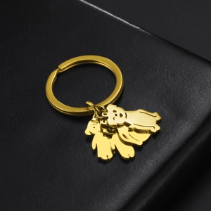 Detailed macro view of three golden bear charms on a stainless steel keychain