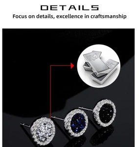 Detailed close-up of round silver stud earrings with white, blue, and black main stones