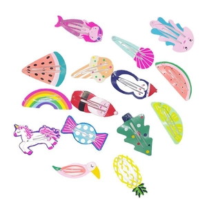 Colorful kids hair clips set featuring cartoon mermaid rainbow and fruit patterns