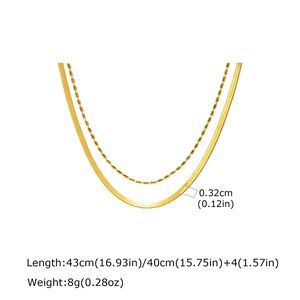 Detailed view of golden double-layer necklace with snake chain and bead chain dimensions