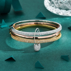 Tricolor Stacked Bangles With Safety Pin Pendant Copper Cubic Zirconia Pave Jewelry For Women Elegant