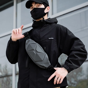 Gray geometric hard shell chest bag for men with waterproof tech-style design