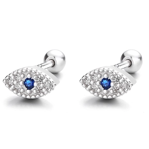 925 silver evil eye stud earrings with blue gemstone and white zircon on white background