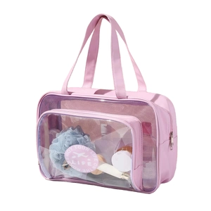Pink waterproof PVC clear travel toiletry bag with leather trim and zipper handle